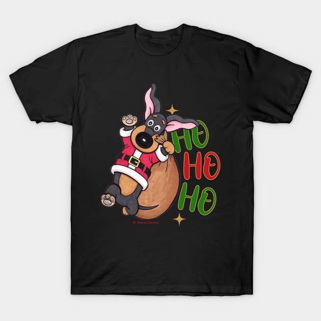 Cute Doxie Dog having a Ho Ho Ho Merry Christmas Dachshund tee T-Shirt by Danny Gordon Art